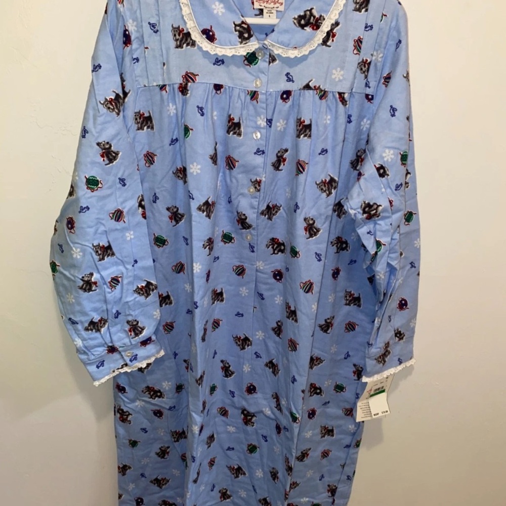 Women's Blue Puppy Dog Terrier Print long warm flannel Nightgown Christmas